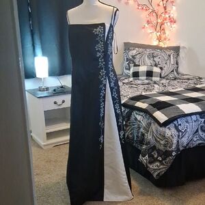 Asymmetrical Black & White Evening Gown with Floral Embroidery. Sinch Back/Zip